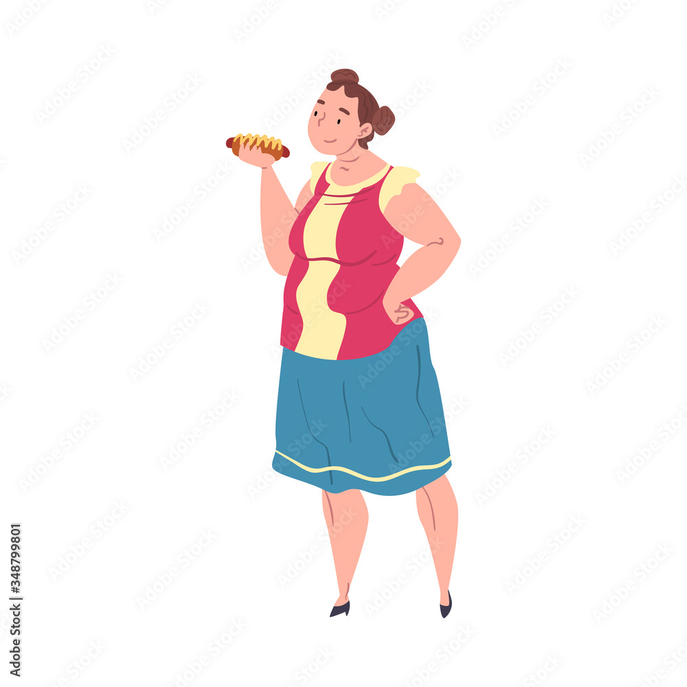 Plump Woman Eating Hotdog, Plus Size Woman Enjoying of Fast Food Dish, Unhealthy Lifestyle Vector Illustration