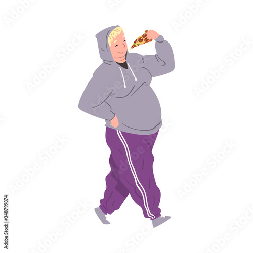 Fat Young Man Eating Pizza while Walking, Obese Guy Enjoying of Fast Food Dish, Unhealthy Diet and Lifestyle Vector Illustration