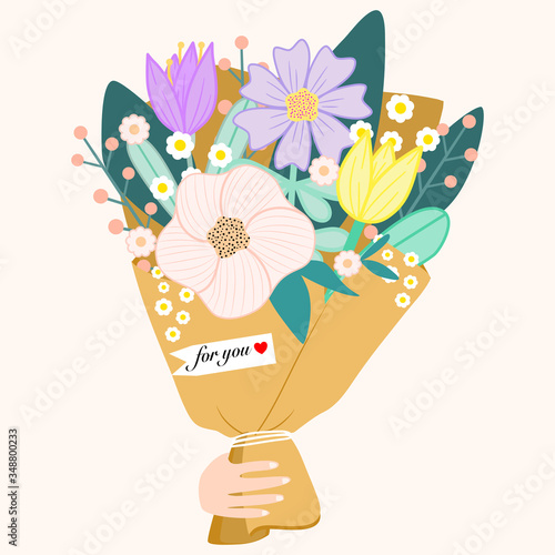 hand holding bouquet of lovely pastel color flower for you. Vector illustration, flat design.