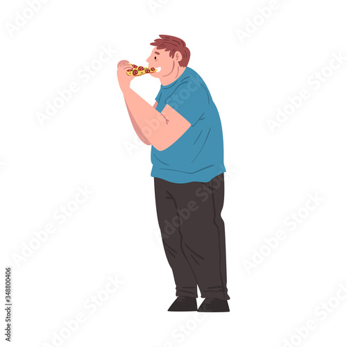 Fat Man Eating Pizza, Side View of Obese Person Enjoying of Fast Food Dish, Unhealthy Diet and Lifestyle Vector Illustration