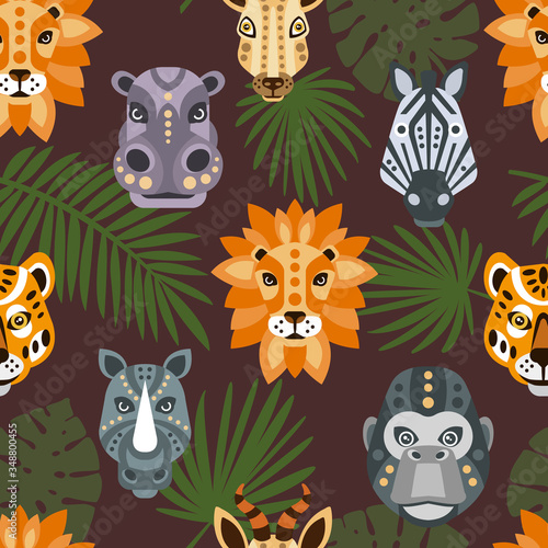 Seamless Pattern with African Animals and Tropical Leaves  Zebra  Lion  Rhinoceros  Monkey  Lion Geometrical Heads  Design Element Can Be Used for Fabric  Wallpaper  Packaging Vector Illustration