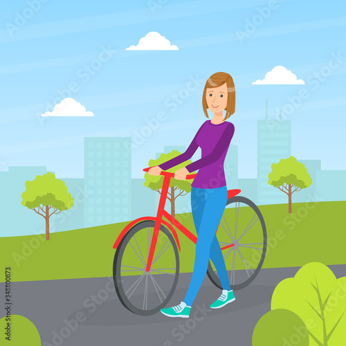 Girl Standing Next to Bicycle, Young Woman Riding Bike in Urban Public Park Vector Illustration