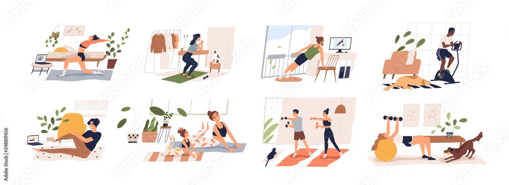 People doing exercises with dumbbell, squat, practice yoga, cycling. Men, women, families and couples doing sports at home. Home workout collection. Vector illustration in flat cartoon style