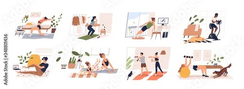 People doing exercises with dumbbell, squat, practice yoga, cycling. Men, women, families and couples doing sports at home. Home workout collection. Vector illustration in flat cartoon style