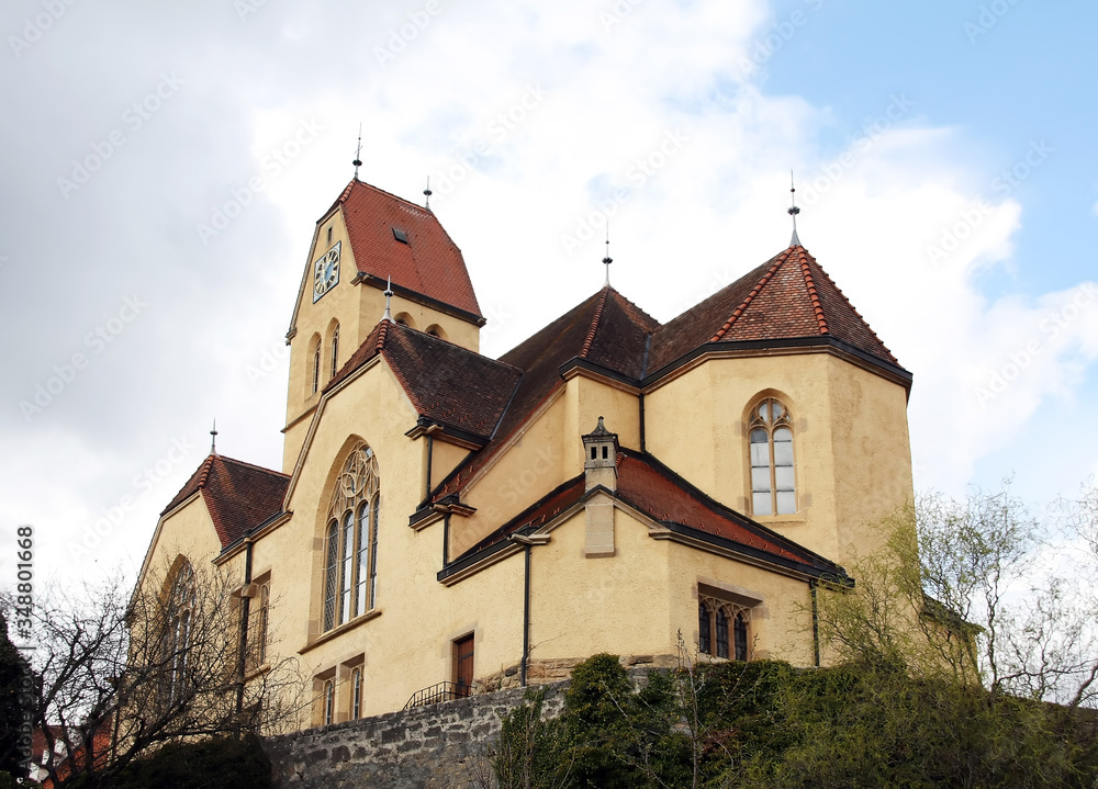 An old castle and the Catholic church in Blumenfeld, Germany