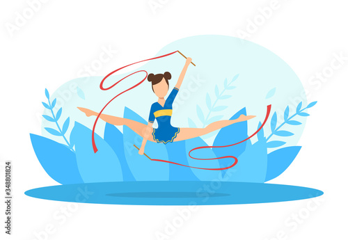 Flexible Professional Female Gymnasts Doing Rhythmic Gymnastics with Ribbon Vector Illustration