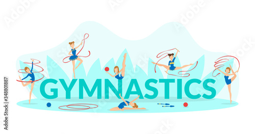Gymnastics Banner Template, Flexible Professional Female Gymnasts Exercising with Ribbons, Balls and Hoops Vector Illustration