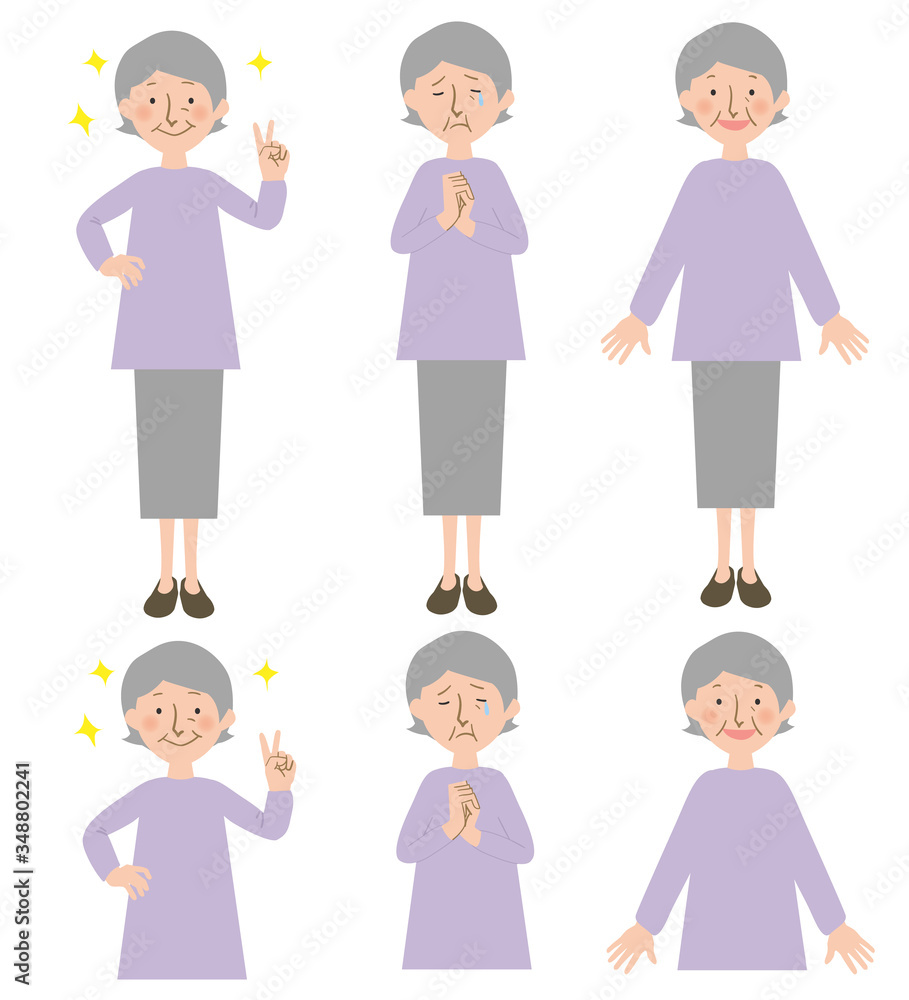 ピースサイン,泣いている,明るい表情のおばあちゃんの上半身と全身のベクターイラストセット