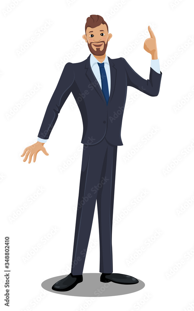 Funny cartoon character of businessman with a finger up. Cute man got the idea. Vector illustration isolated on the white background Funny cartoon character of businessman with a finger up. Cute man got the idea. Vector illustration isolated on the white background