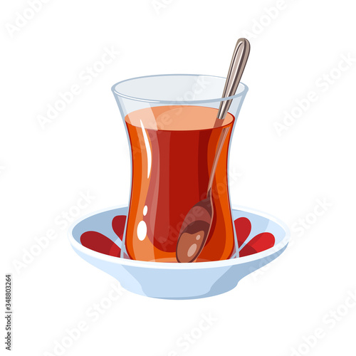 A glass of traditional Turkish tea with a teaspoon on a saucer. Vector illustration flat cartoon icon isolated on white.