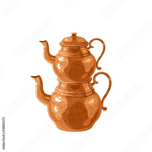 Traditional Turkish two-tier copper teapot kettle. Vector illustration cartoon flat icon isolated on white.
