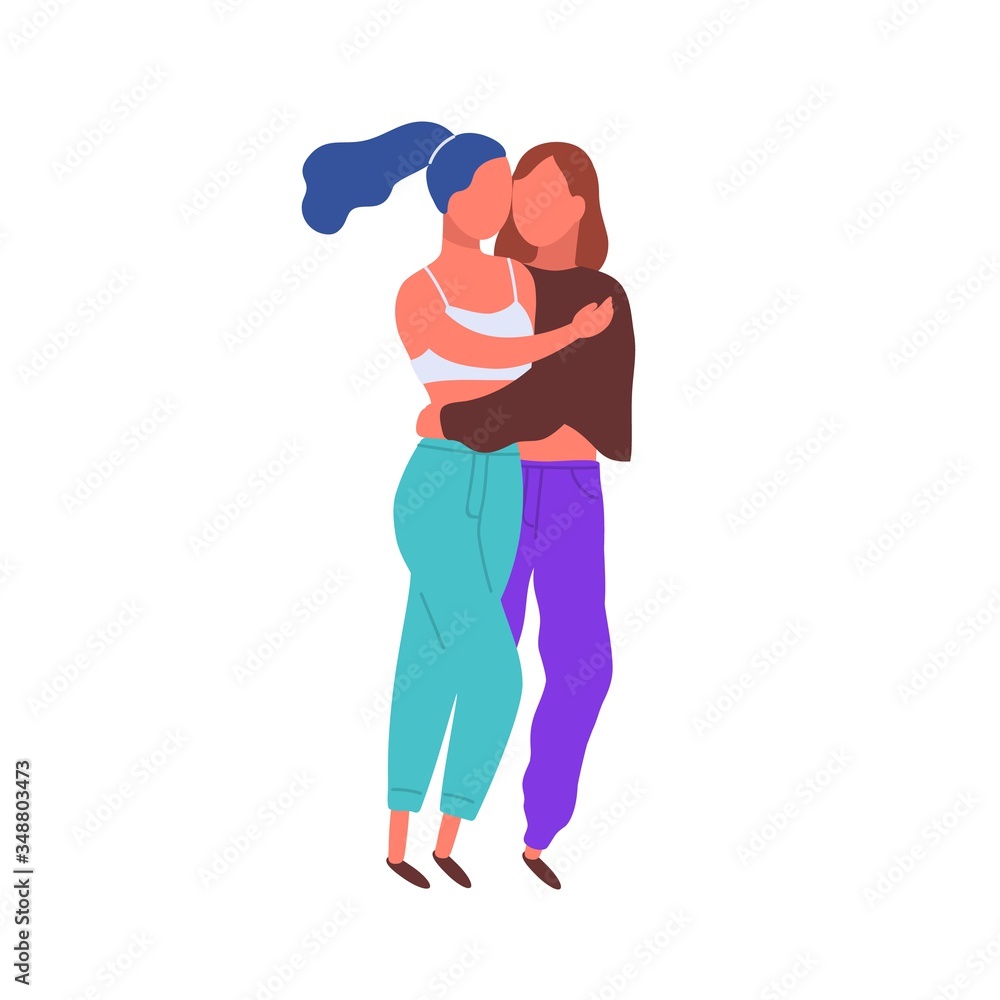 Cartoon lesbian enamored girl hugging feeling love vector flat illustration picture