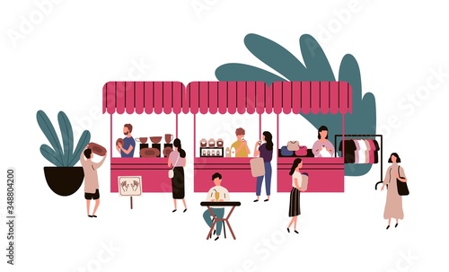 Cartoon man and woman spending time at outdoors market vector flat illustration. Crowd of people looking, buying goods or food walking between stalls or kiosks isolated on white background