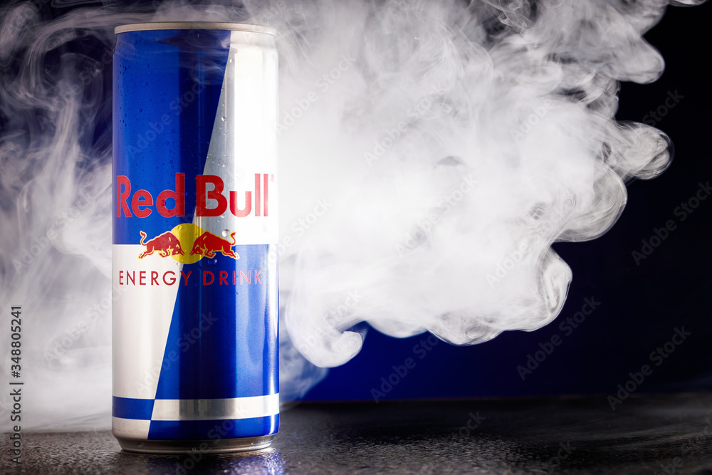 Red Bull Can on dark toned background. Red Bull is an energy drink sold by  Austrian company. MINSK, BELARUS, May 13, 2020. Stock-Foto | Adobe Stock