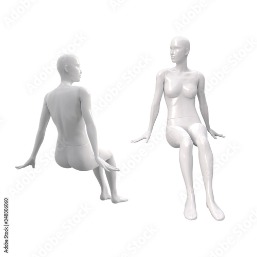 Female white plastic fashion mannequin in a sitting pose. Back and front views. Shop window decor. 3d illustration isolated on a white background.