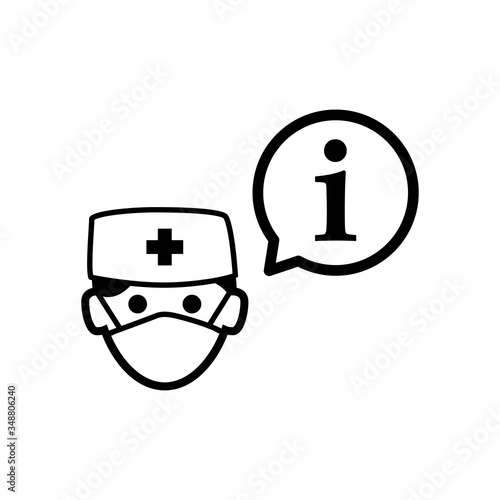 Símbolo de información sanitaria. Icono plano lineal i en gobo de habla y médico con máscara hospital en color negro