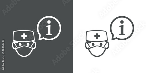 Símbolo de información sanitaria. Icono plano lineal i en gobo de habla y médico con máscara hospital en fondo gris y fondo blanco