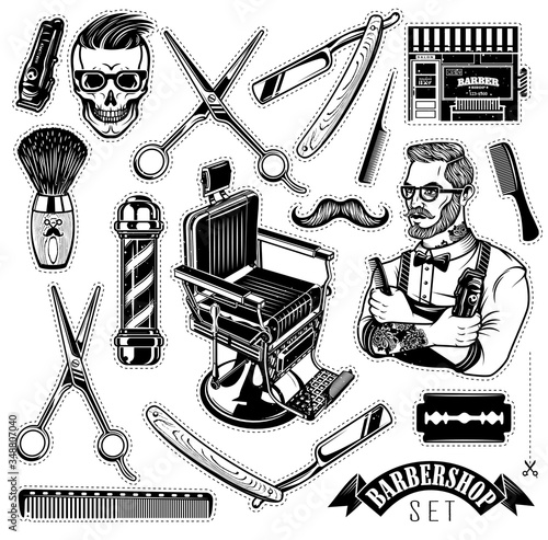 Set of Vintage Barbershop Emblems, Labels and Logos.The Barber with Hair Clipper and Hairbrush. Vintage Barber Chair. Vector Illustration.