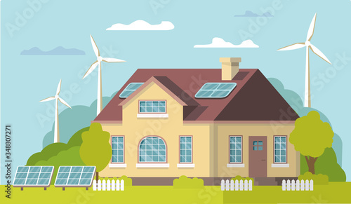 Green energy renewable  eco house.Solar, wind power .Alternative power eco friendly.Vector concept illustration. 