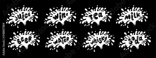 Set hand lettering of alcoholic beverages beer, wine, whiskey, juice, water, coffee, milk, soda on a black isolated background with a splash. Great collection.