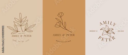Wedding logo design vector. Floral line arts and monogram  design concept.  Design for wedding invitation, stationary, RSVP Card, Thank you card, fashion, beauty and jewellery industry and cosmetic.
