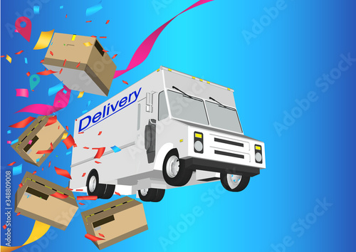 Online delivery service UI illustration with dron, courier on bike and delivery van with box. Internet shipping concept with modern city. Transportation and logistic digital shopping ad banner.