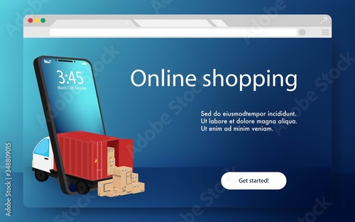 Online shopping Website landing page. Many boxes deliver from online shopping delivery direct to home on mobile phone. Container truck delivery.