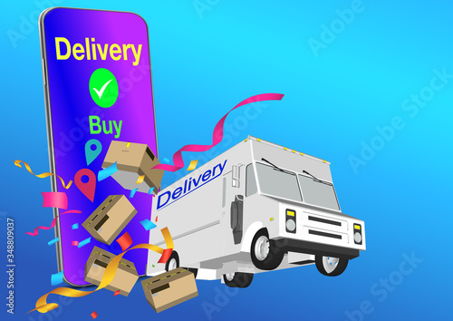 Online delivery service UI illustration with dron, courier on bike and delivery van with box. Internet shipping concept with modern city. Transportation and logistic digital shopping ad banner.
