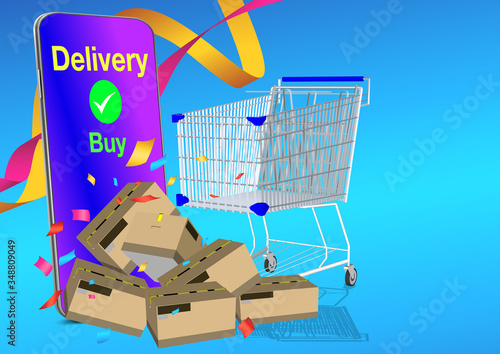 Online delivery service UI illustration with dron, courier on bike and delivery van with box. Internet shipping concept with modern city. Transportation and logistic digital shopping ad banner.