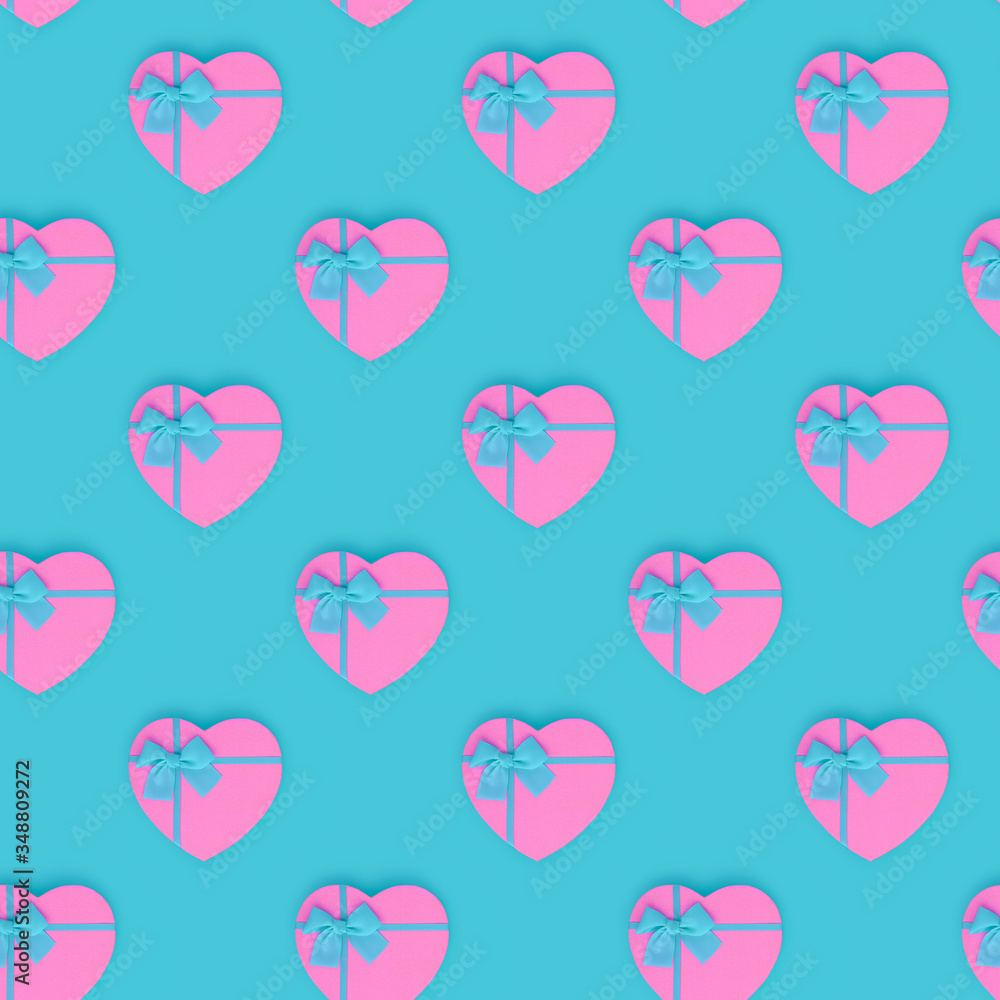 Vivid pink heart with ribbon on blue seamless pattern. Contrast colours pattern.