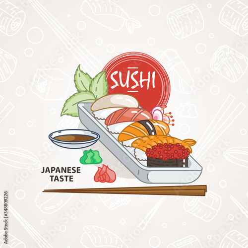 Sushi. Japanese food. Rolls with fish and caviar on eco plate, chopsticks, ginger and soy sauce. Delicious art for restaurant and bar menu, booklets or prints
