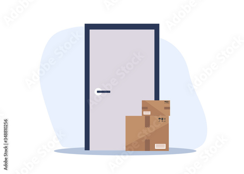Contactless delivery left at the door during the quarantine. House entrance with delivered box. Control Epidemic Prevention measures of coronavirus. Vector Illustration.