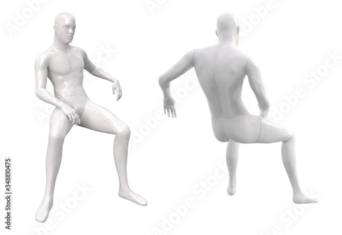 Male white plastic fashion mannequin in a sitting pose. Back and front views. Shop window decor. 3d illustration isolated on a white background.