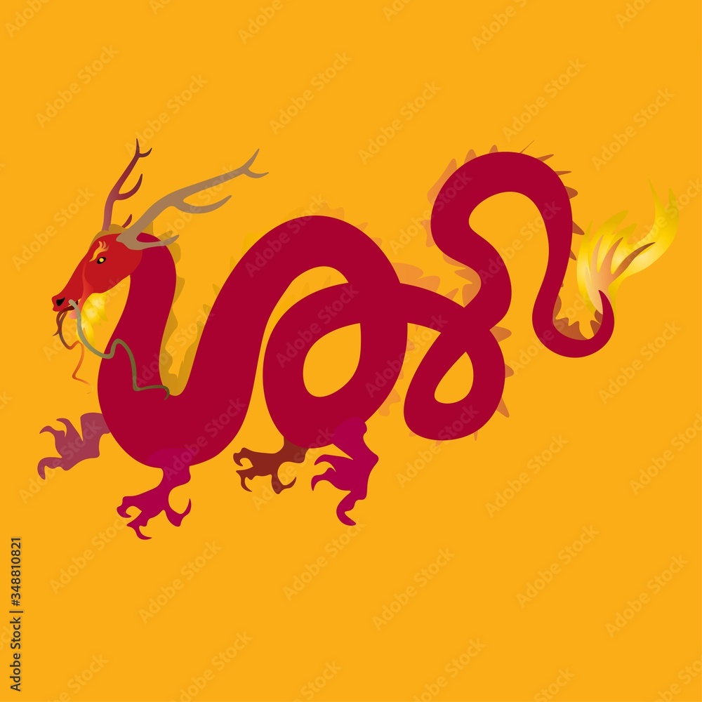 Fototapeta premium Golden Red Chinese dragon on orange, tangerine color background. Vector picture, card, design with a mythical animal.