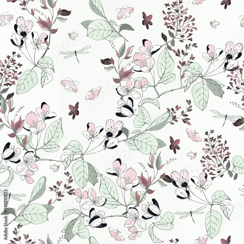 Hand-drawn twigs with flowers and leaves of apple and lilac on a light blue satin background. Tender spring seamless vector pattern. Square repeating design for fabric and wallpaper