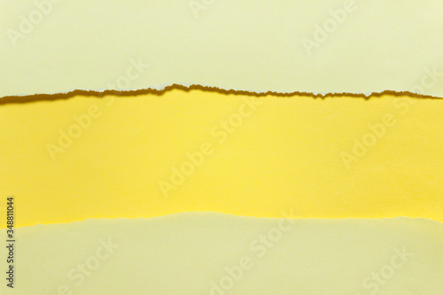 Sheets of yellow paper with ripped edges and wide empty blank copy space.