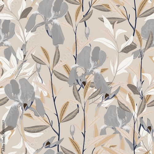 Seamless vector floral pattern. Arrangement lilac iris flowers by delicately green leaves on a white background. Hand-drawn illustration. Square repeating pattern for fabric and wallpaper