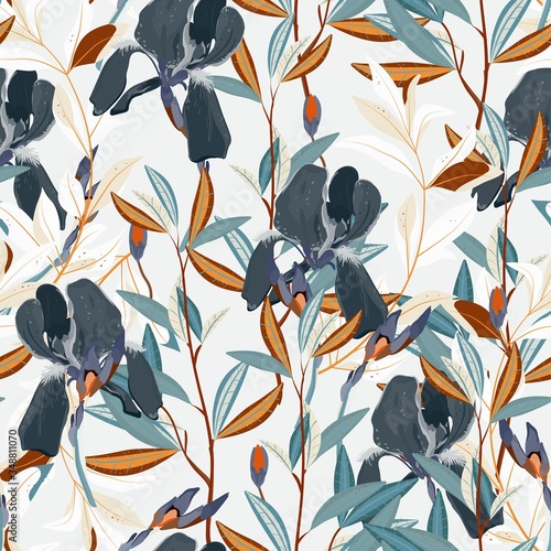 Seamless vector floral pattern. Arrangement lilac iris flowers by delicately green leaves on a white background. Hand-drawn illustration. Square repeating pattern for fabric and wallpaper
