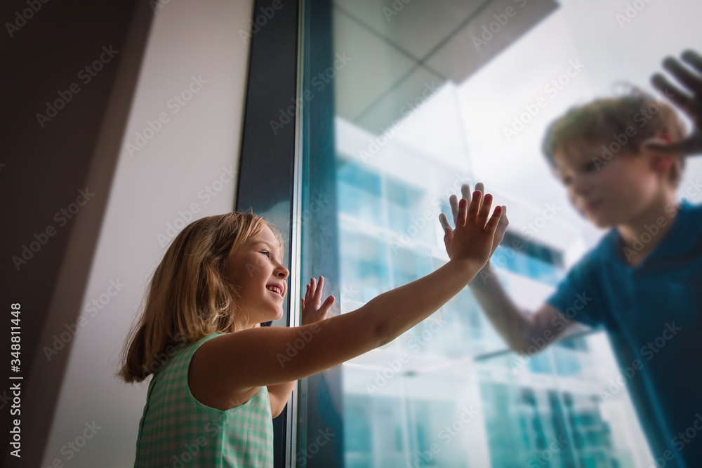 boy and girl talking through window, social distancing boy and girl talking through window, social distancing