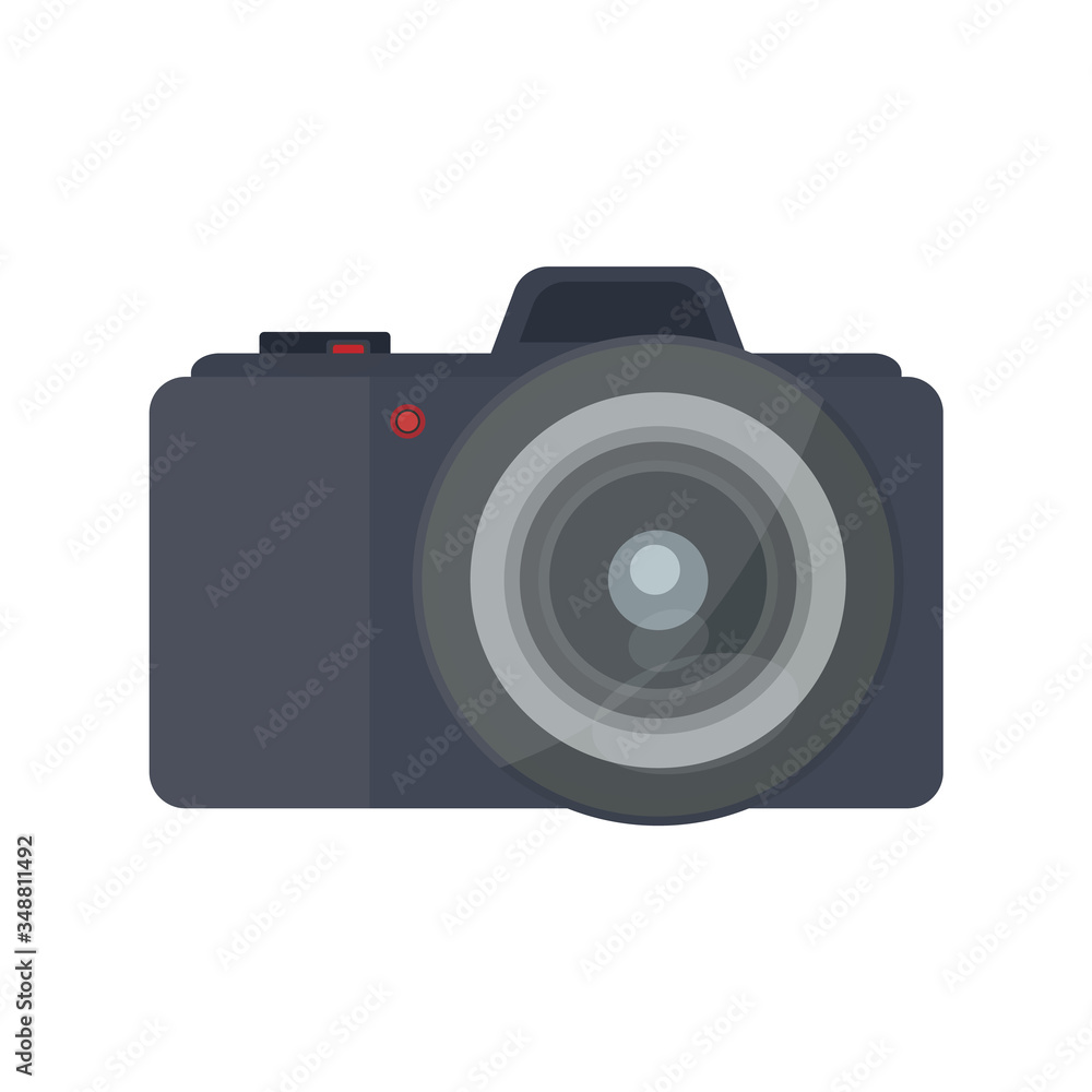The black camera. The camera is isolated on a white background. Front view. Vector. The black camera. The camera is isolated on a white background. Front view. Vector.