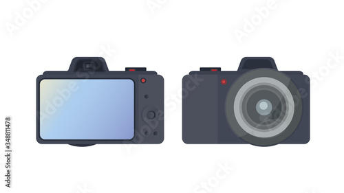 Set of black camera. Large screen camera isolated on a white background. Foreground and background. Vector.