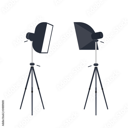 Light for the studio. Softbox on a tripod isolated on a white background. Front view. Vector.