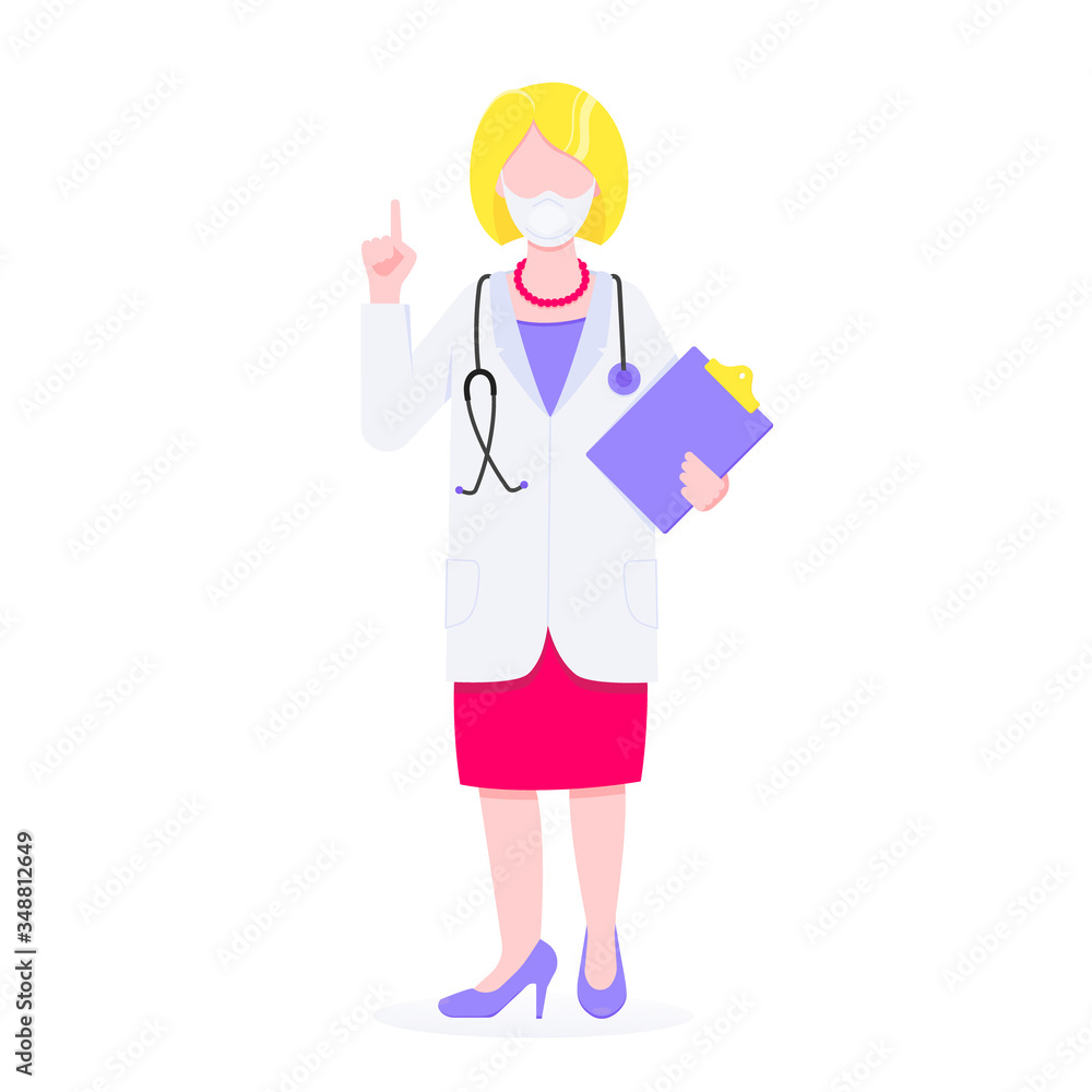 Doctor standing and hold clipboard and stethoscope with index finger flat style design vector illustration isolated on white background. Medical center hospital employee. Doctor standing and hold clipboard and stethoscope with index finger flat style design vector illustration isolated on white background. Medical center hospital employee.