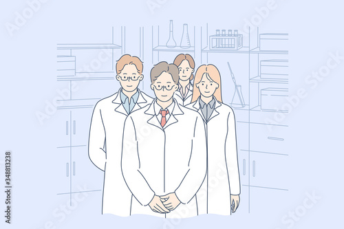 Healthcare, medicine, team, leadership concept. Group of young smiling confident men and women doctors colleagues cartoon characters standing in lab. Medical workers looking at camera illustration.