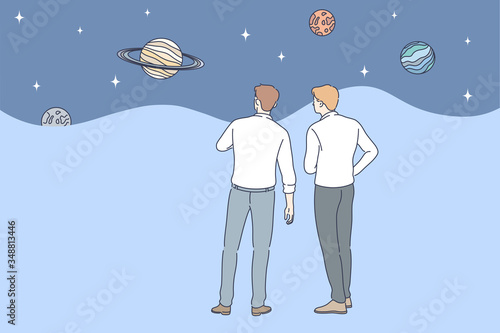 Creativity, thinking, dream, business concept. Team of thoughtful businessmen office clerks managers cartoon characters thinking over new ideas. Expansion of consciousness and imaginative mindset.
