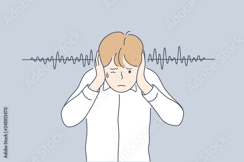 Noise, stress, protection concept Young frustrated depressed stressful boy kid child cartoon character plugged ears with hands from lound noisy sound or parents swearing. Family abuse illustration. photo