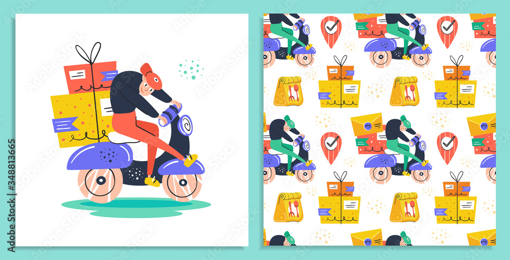 Fototapeta premium Man driving on delivery scooter. Fast delivery. Fast post mail service. Self isolation, protection. Flat colourful vector illustration, art isolated on white background. Delivery seamless pattern.