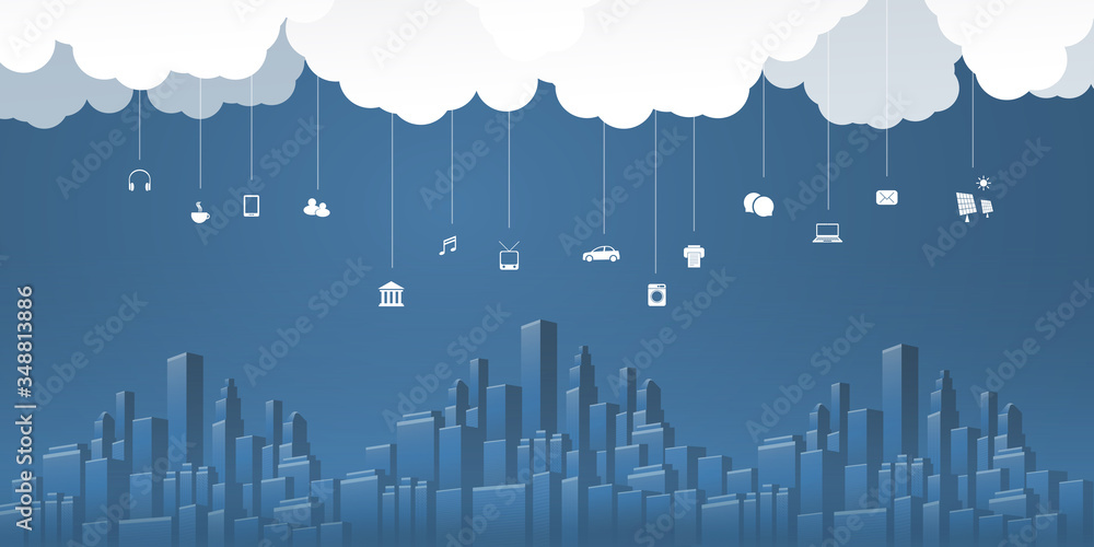 Fototapeta premium Smart City, Cloud Computing Design Concept with Icons, Cityscape and Clouds - Digital Network Connections, Technology Background - Monochrome, Retro Style