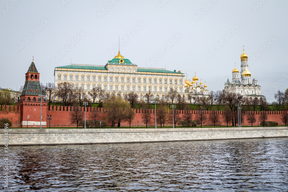 Covid-19, quarantine in Moscow, coronavirus in Russia. Empty streets without people. The Grand Kremlin Palace