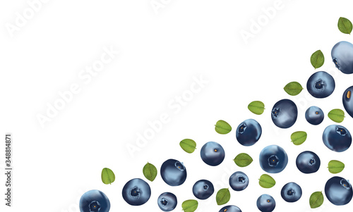 Background blueberry. Freshly picked blueberry with green leaf. Organic food.Texture blueberry. Useful ripe blueberry rich vitamins. 3D realistic illustration